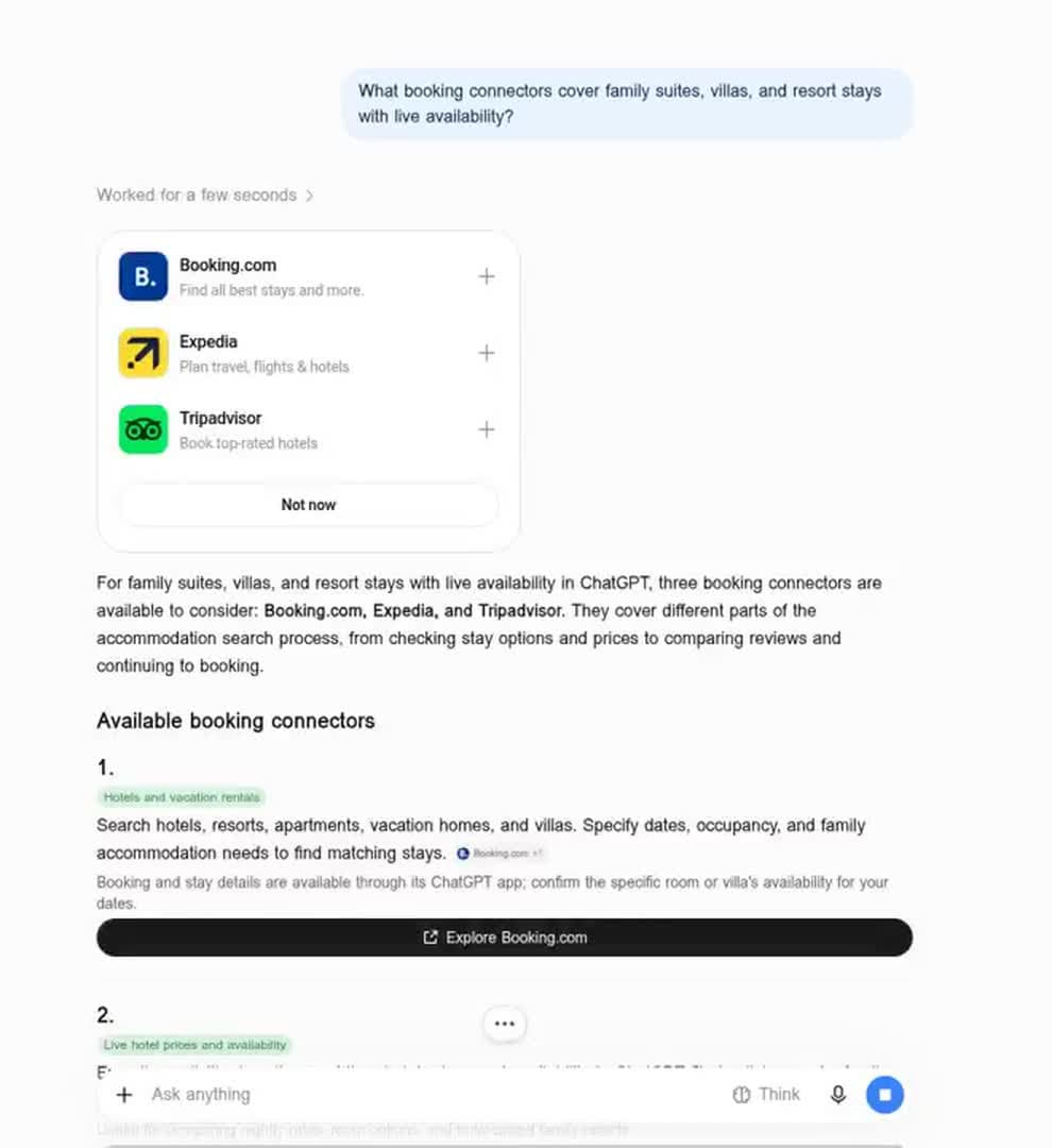 A captured ChatGPT Plugin picker showing Booking.com, Expedia and Tripadvisor suggested for a travel booking request