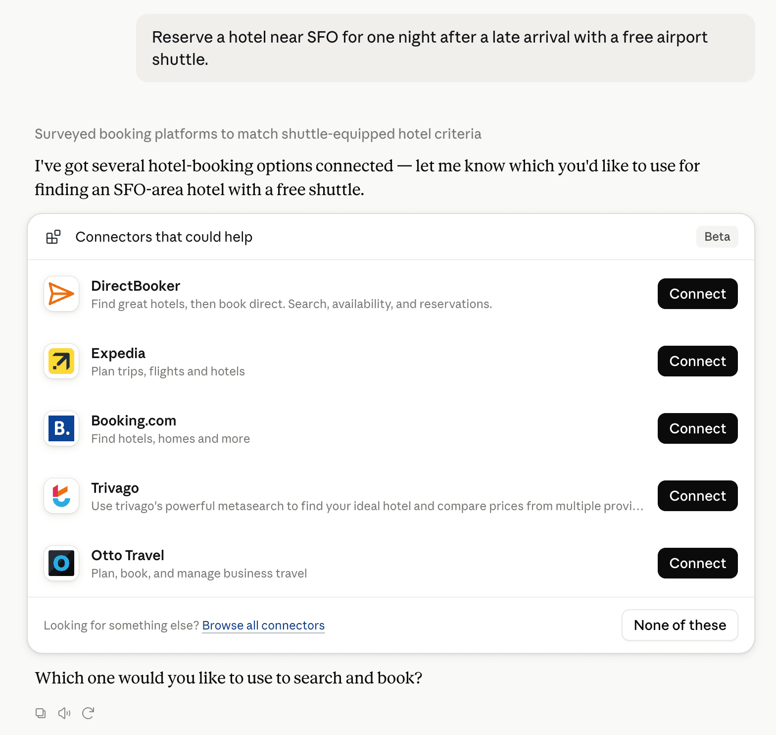 A captured Claude Connector picker showing the Integration options offered for a hotel booking request