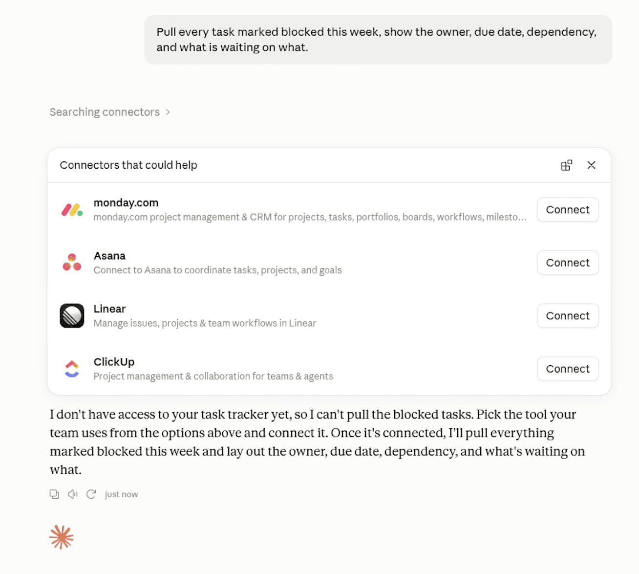 Claude presenting monday.com alongside Asana, Linear and ClickUp for a request to pull every task marked blocked this week