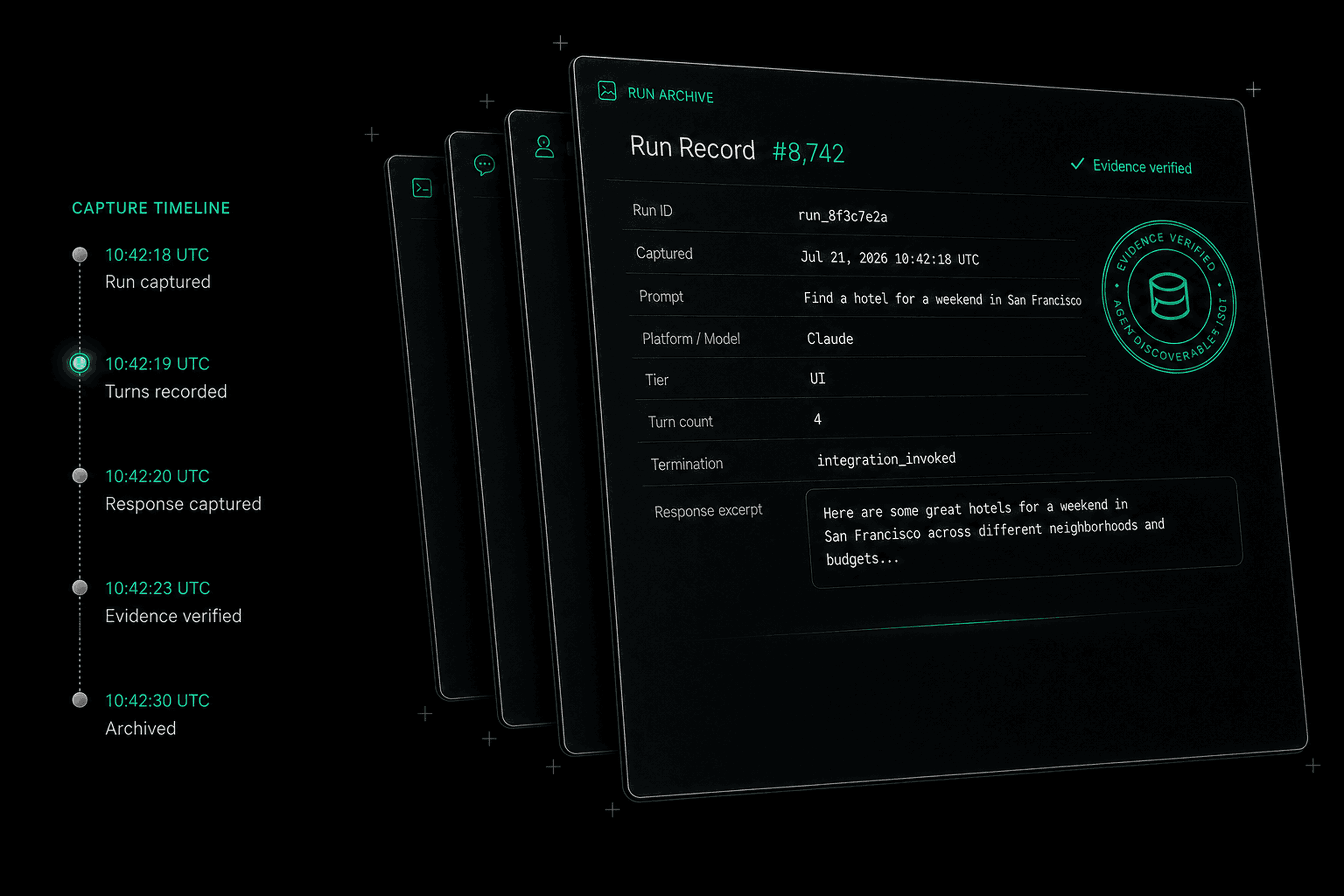 A verified Claude Run record with a readable capture timeline and tightly stacked privacy-safe evidence cards