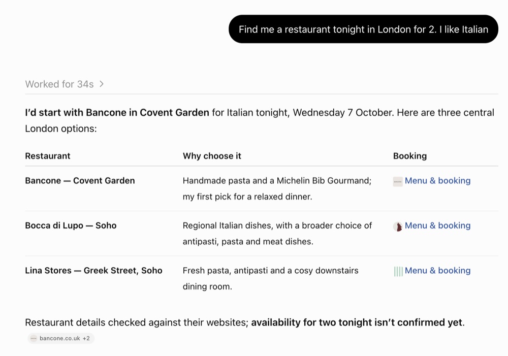 A chatbot replying to a restaurant request with a text list of three restaurants and booking links, and a note that availability is not confirmed