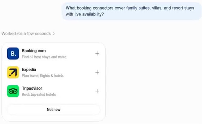 ChatGPT suggesting Booking.com, Expedia and Tripadvisor plugins for a booking prompt