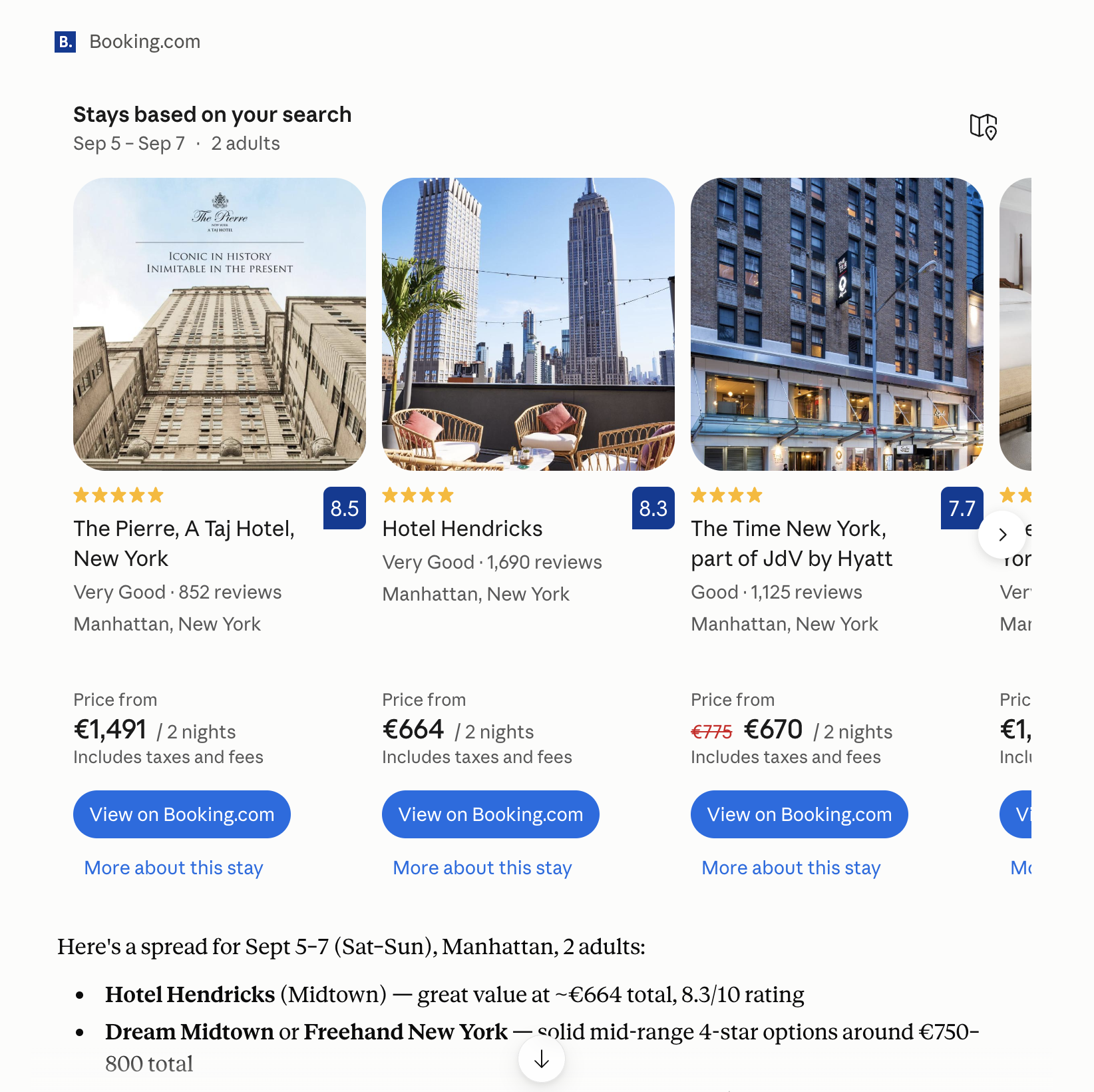 Booking.com hotel results shown inside Claude with property photos, ratings, prices, and action links