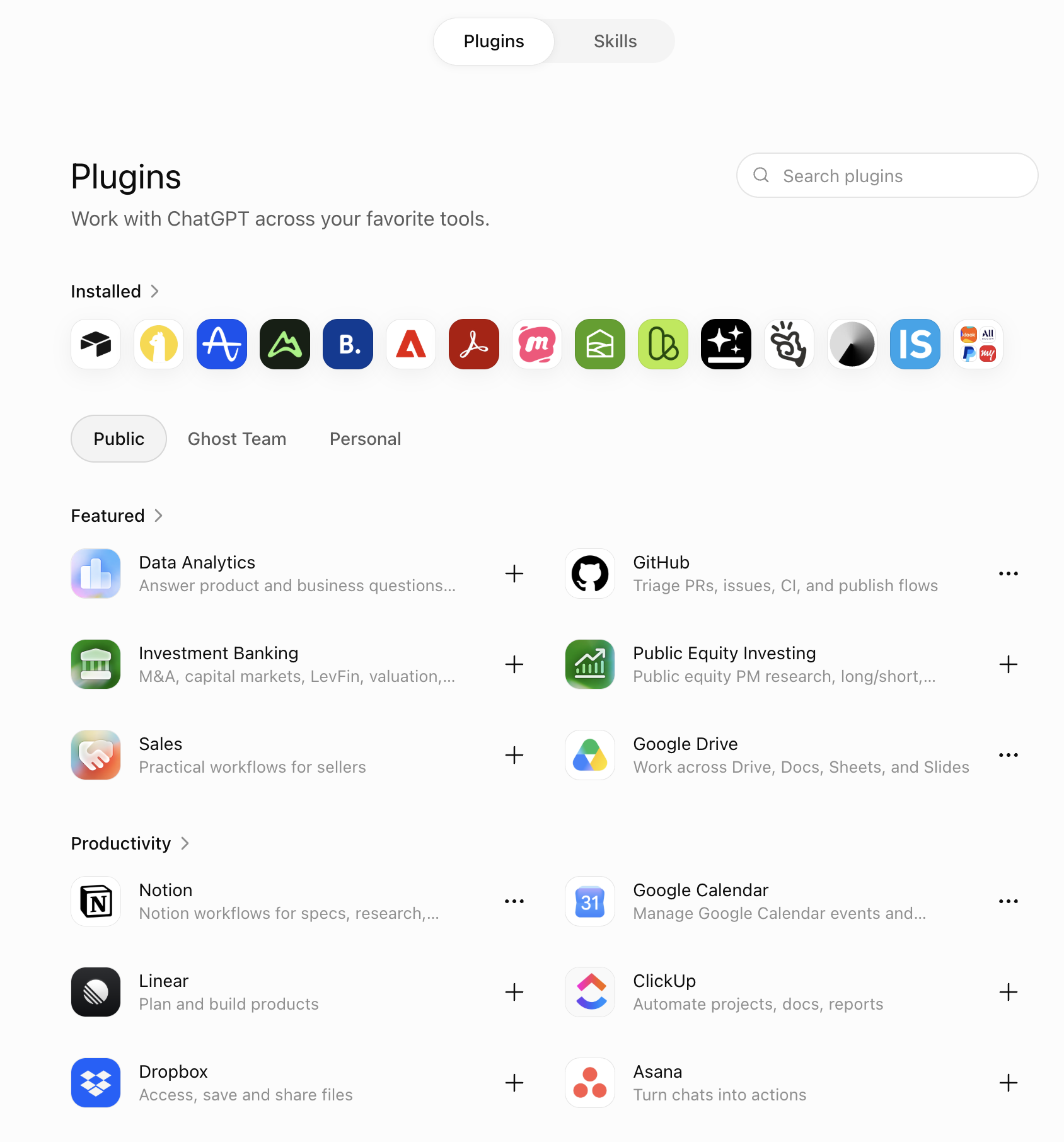 ChatGPT Plugin Directory showing installed, featured, and productivity Plugins