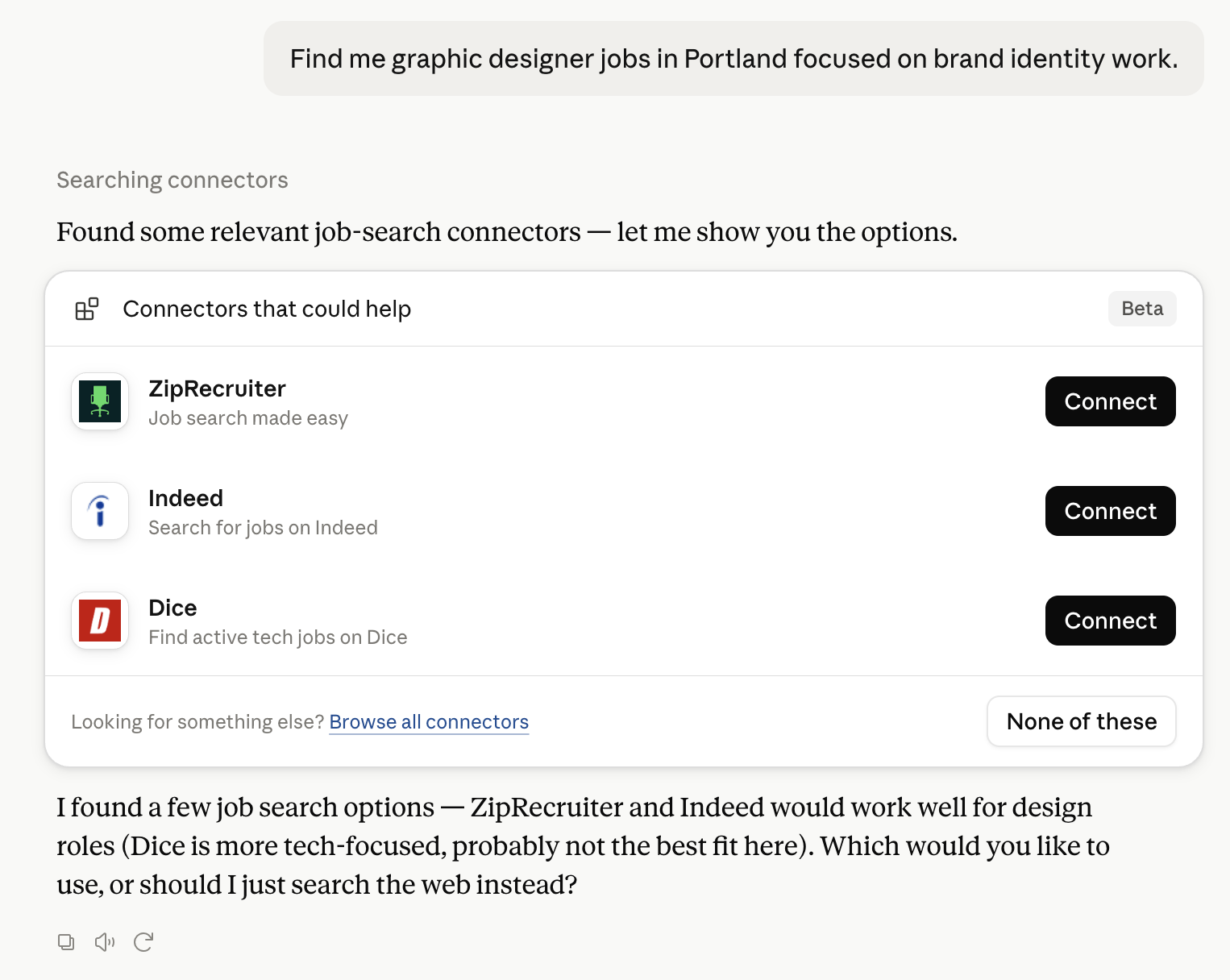 Claude recommending ZipRecruiter, Indeed and Dice connectors for a graphic designer job search