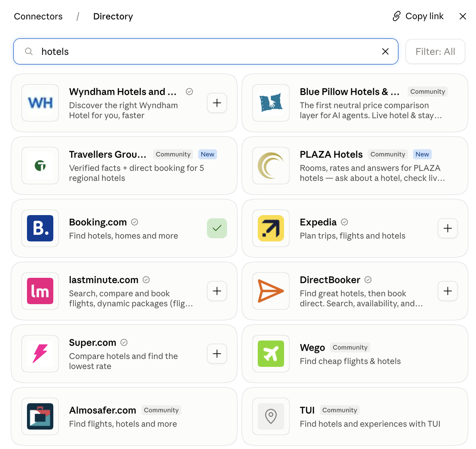 Claude Connector directory search showing Booking.com, DirectBooker, Expedia, Super.com, and other hotel products