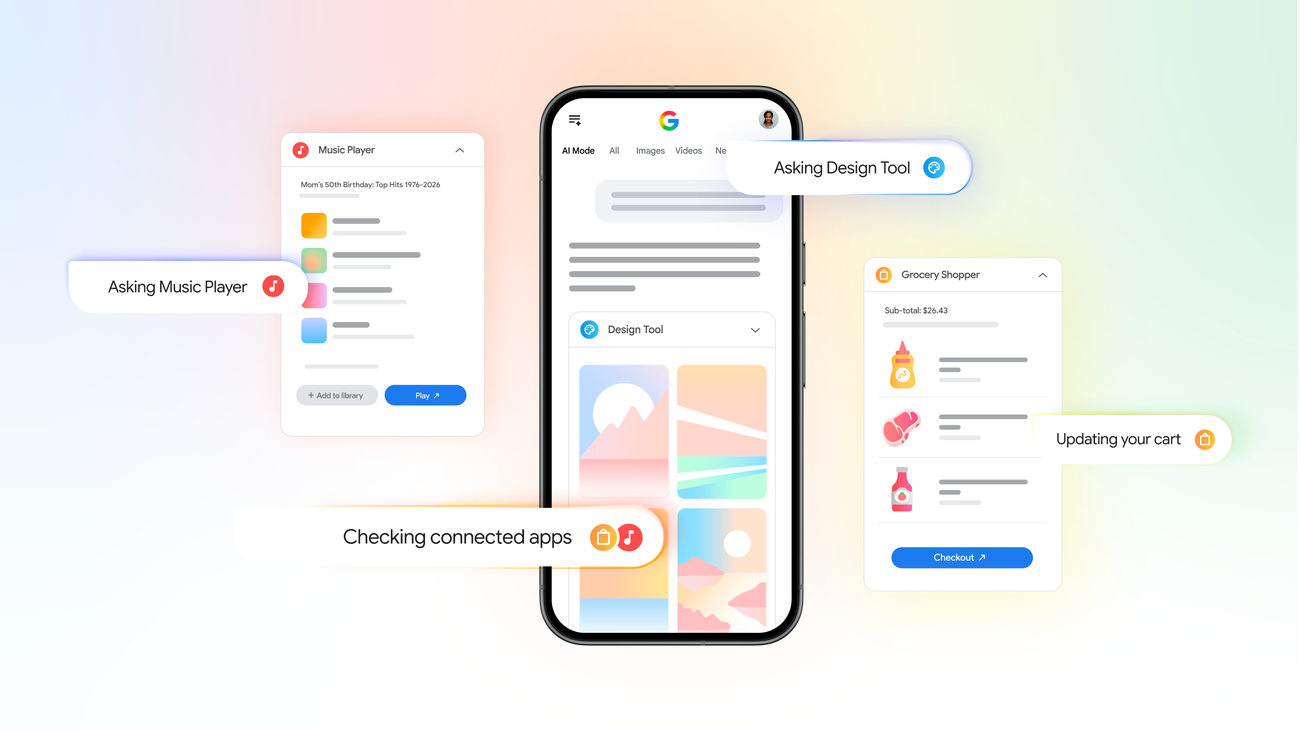 Google AI Mode using connected apps for design, groceries, and music