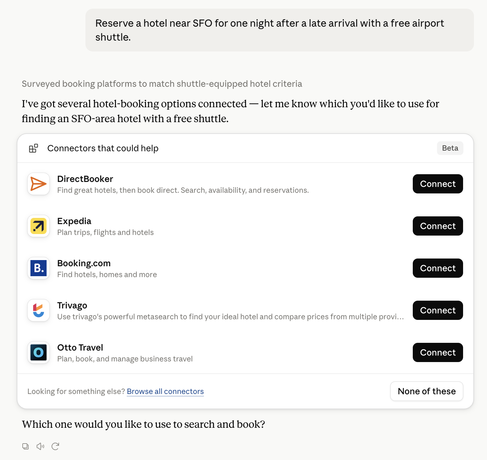 Claude presenting DirectBooker alongside other hotel-booking connectors for an SFO hotel request